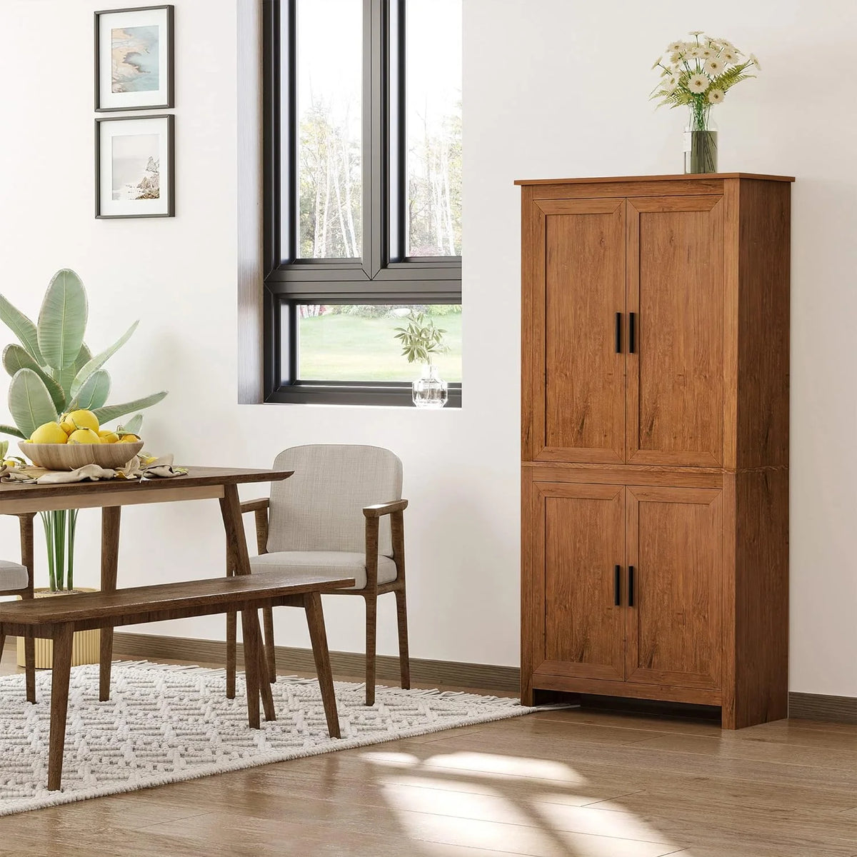 64" 4-Door Oak Kitchen Pantry Cabinet with 3 Adjustable Shelves Q984