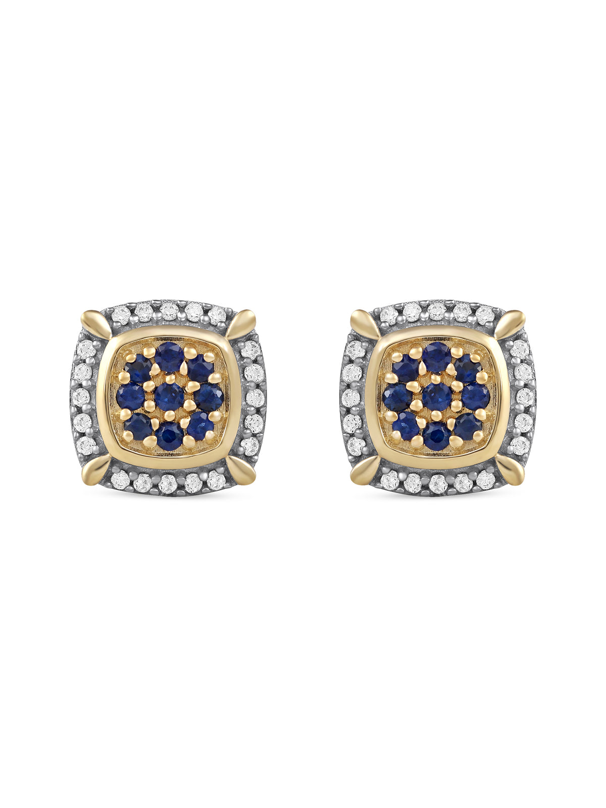 10k Yellow Gold Blue Sapphire Diamond Cluster Halo Stud Earrings T4313