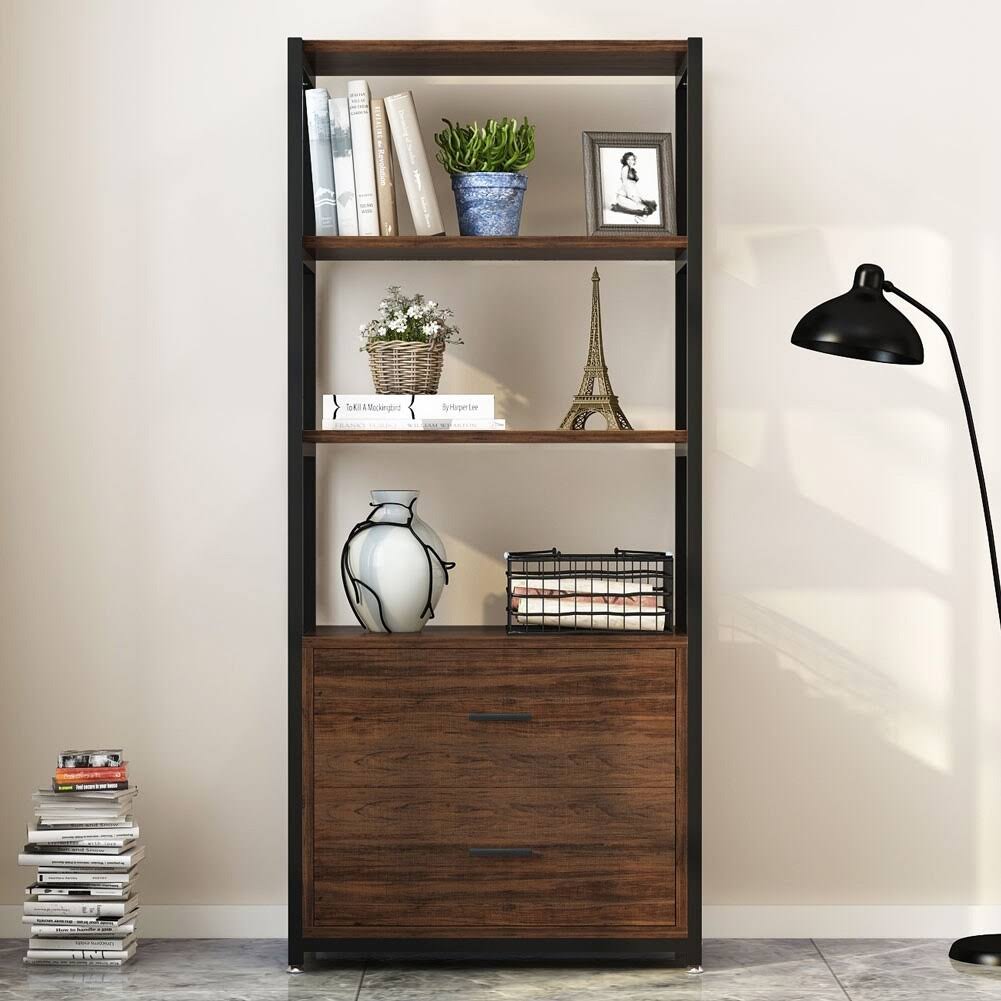 Vintage Brown 4 Tier Bookcase with 2 Drawers G566656