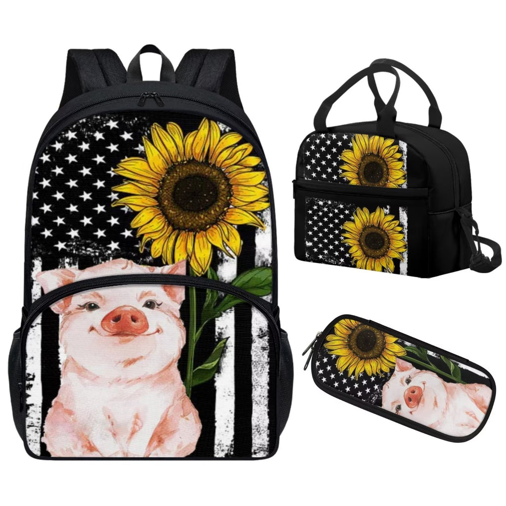 American Flag Pig Backpack Lunch Box Set of 3, Galaxy Space School Backpacks for Girls 10-12, Kids Bookbag Lunchbag Pencil Case I188564