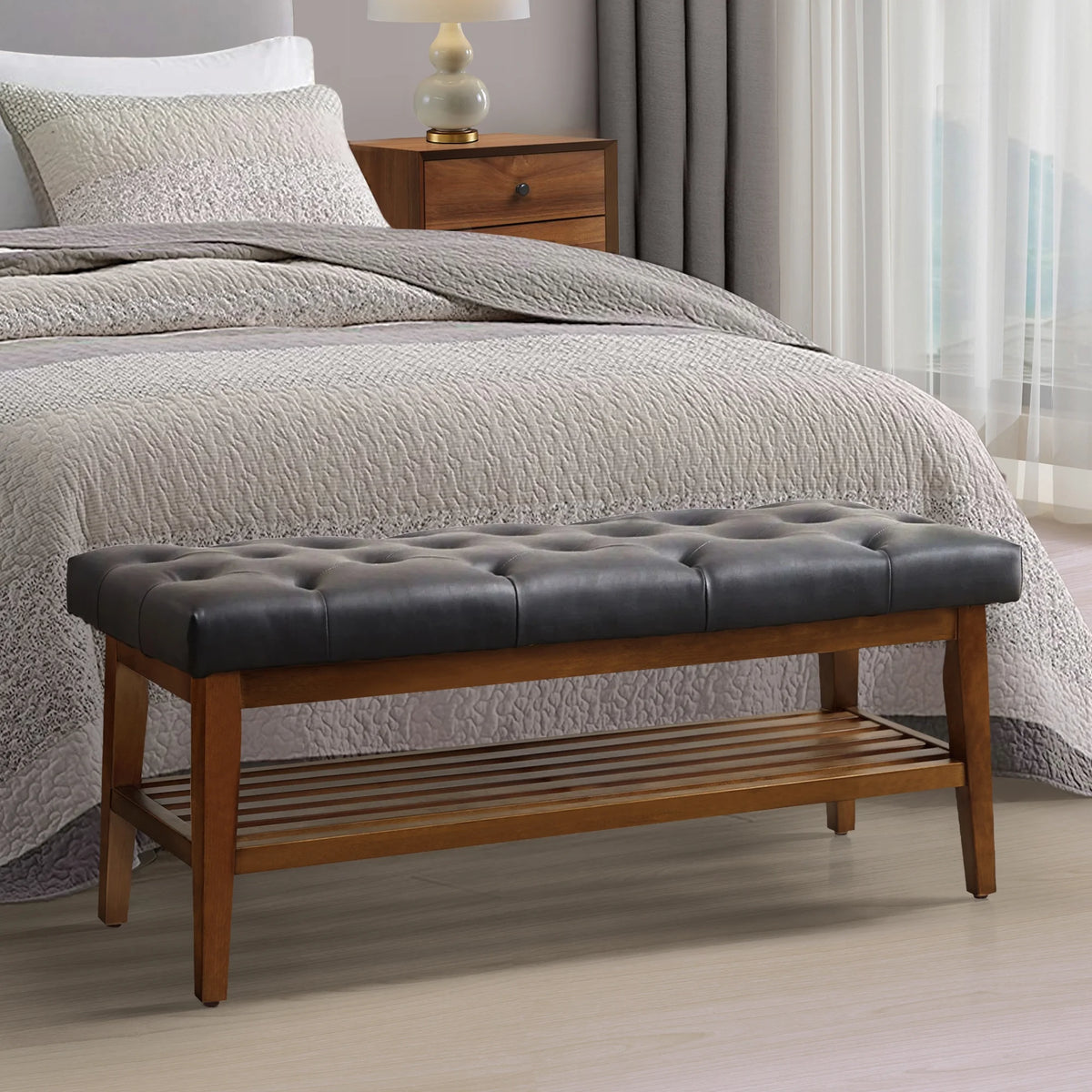 Black Button-Tufted Upholstered Shoe Bench with Solid Wood Shelf J731869