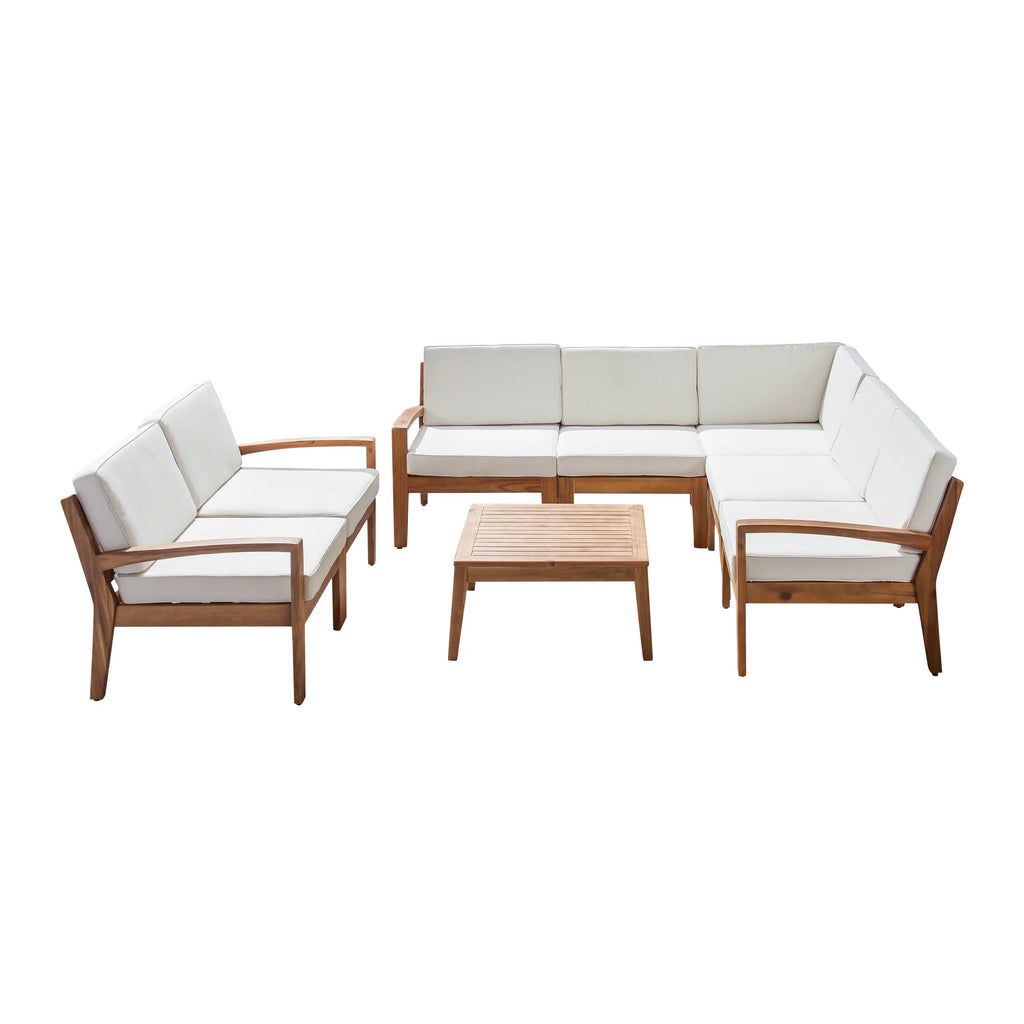 Acacia Wood 7 Seater Sectional Sofa and Loveseat Chat Set with Cushions F5464
