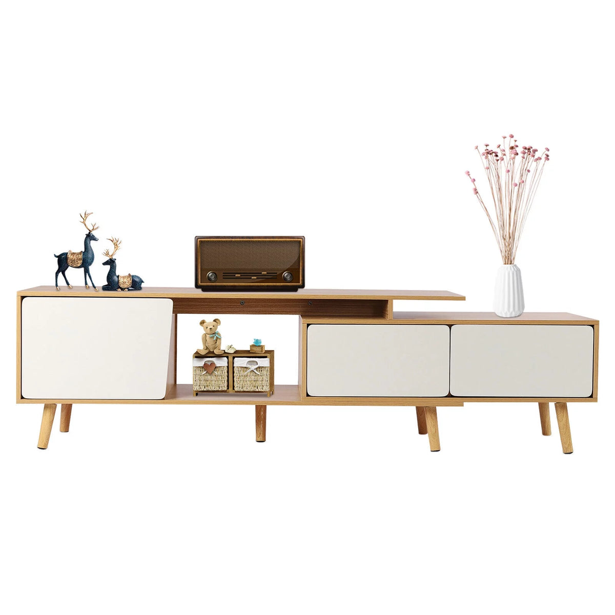 White Oak Adjustable Wooden TV Stand with 2 Drawers 1 Door G36871