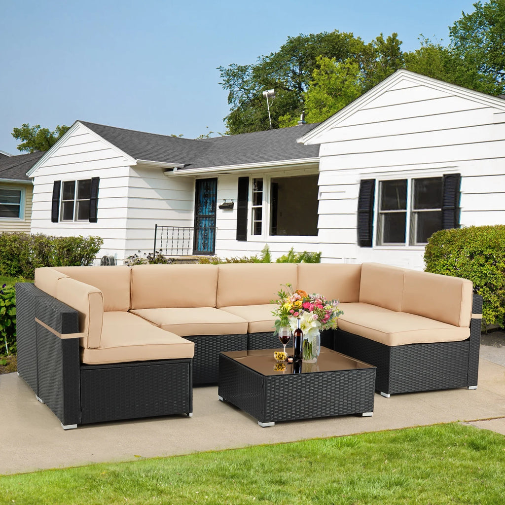 7 Piece Beige Rattan Wicker Sectional Sofa Set with Table R66462