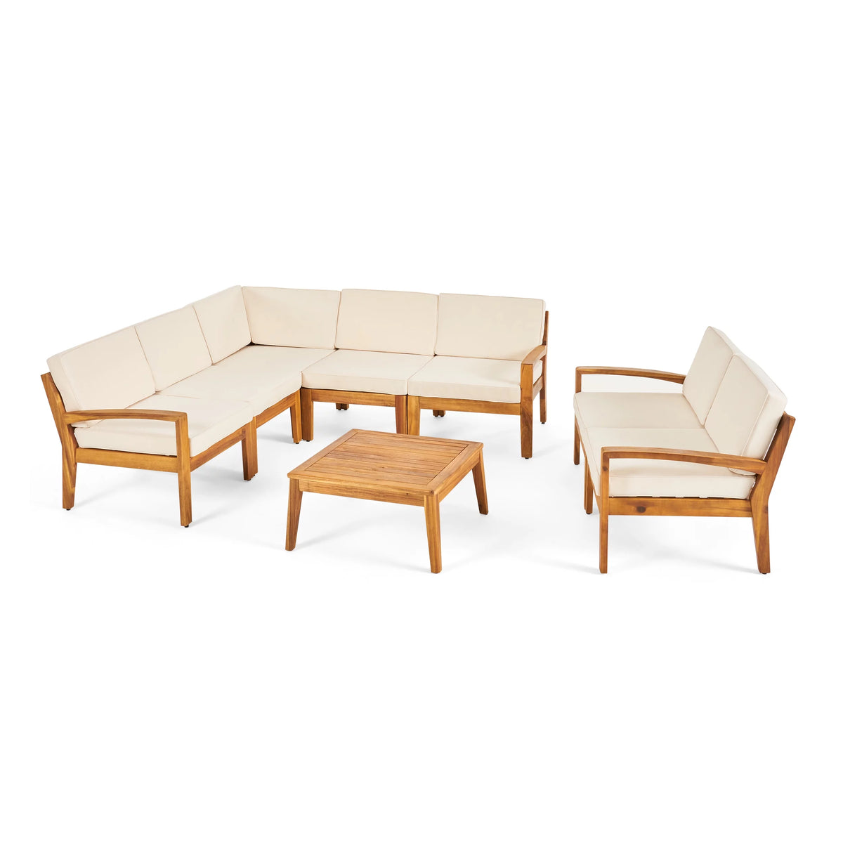 Acacia Wood 7 Seater Sectional Sofa and Loveseat Chat Set with Cushions F5464