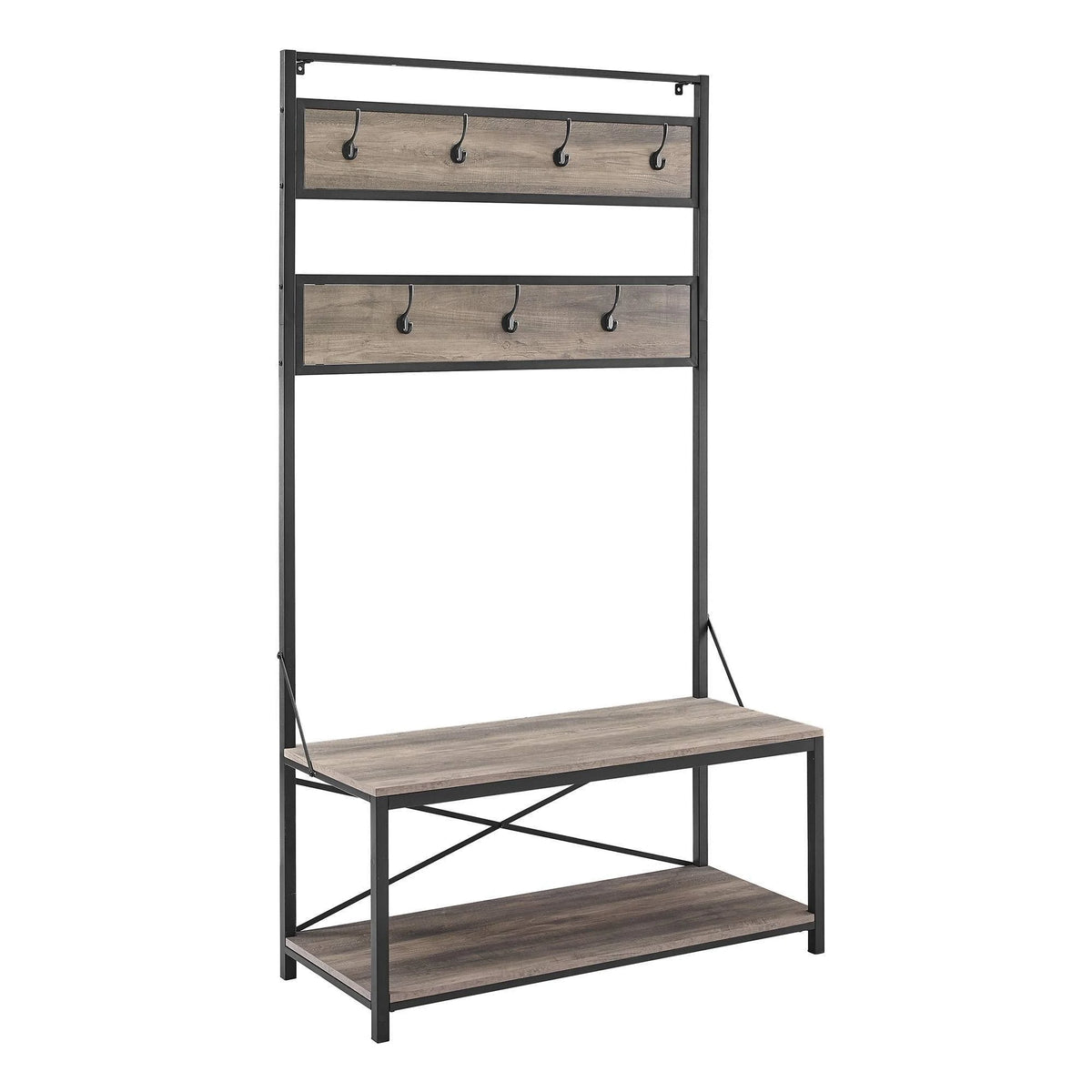 Industrial Metal and Wood Hall Tree Gray Wash M2742