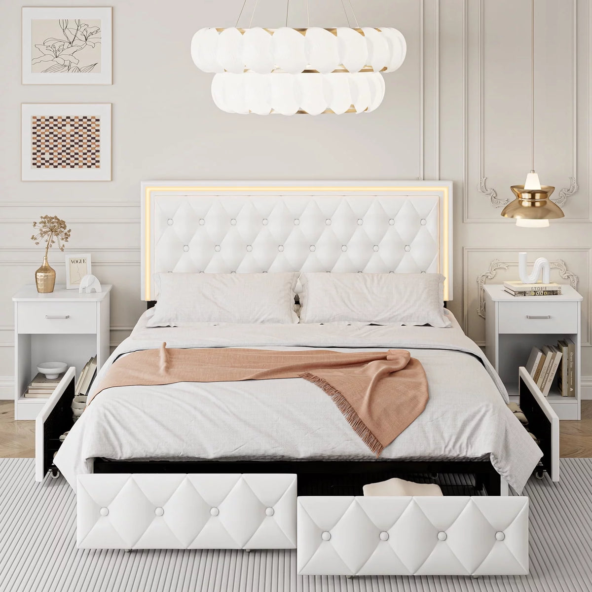 Queen LED Platform Bed Frame with 4 Storage Drawers O45326