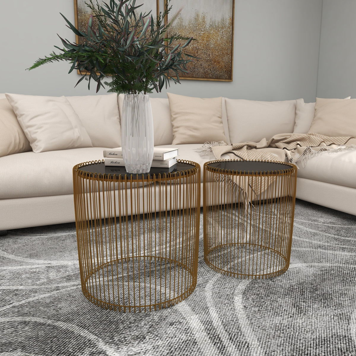 18" x 18" Gold Metal Accent Table with Glass Top, 2-Pieces F937175