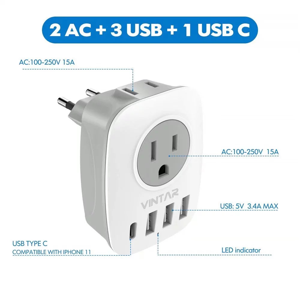 European Travel Plug Adapter with 1 USB C, 2 Outlets and 3 USB Ports, 2 Pack Q310