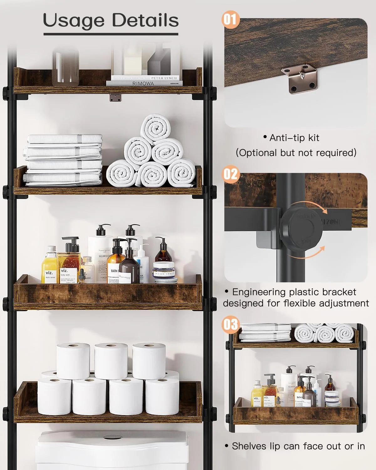 4-Tier Adjustable Wood Over The Toilet Storage M1658