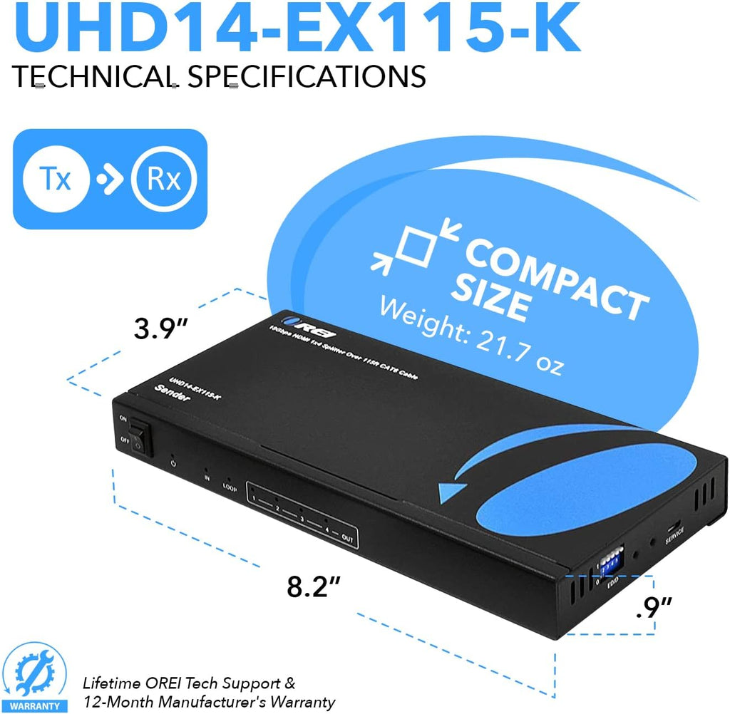 1x4 HDMI Extender Splitter 4K over Single Cable CAT6/7 4K@60Hz HDCP 2.2 with IR Remote EDID Management S3906