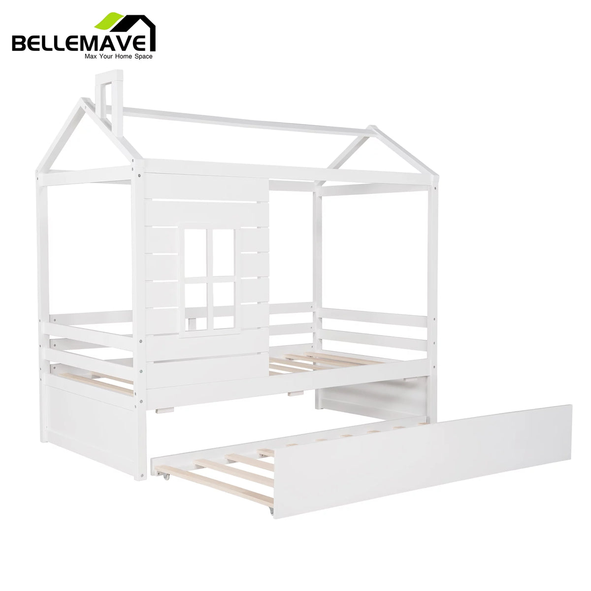 White Wood Twin Size House-Shaped Platform Bed with Trundle R382426