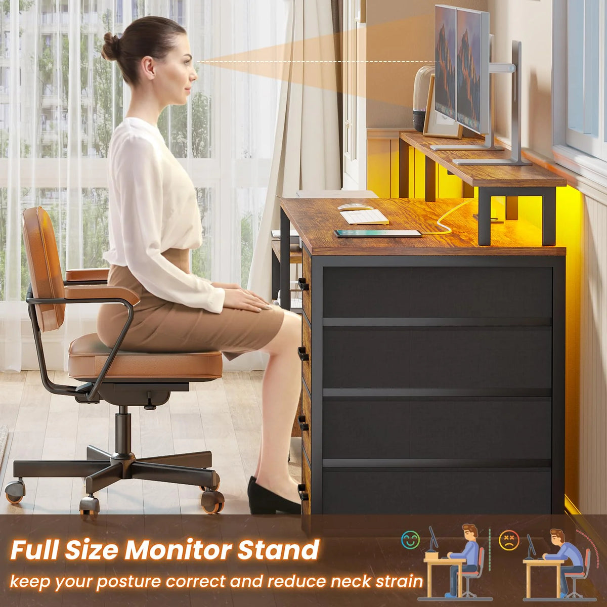 66'' Computer Desk with 4 Drawer and Storage Shelves J310