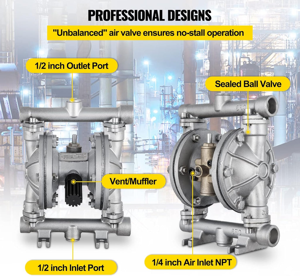 Air-Operated Double Diaphragm Pump 1/2 inch 304 Stainless Steel 12 GPM Max 115PSI Nitrile Diaphragm D13005