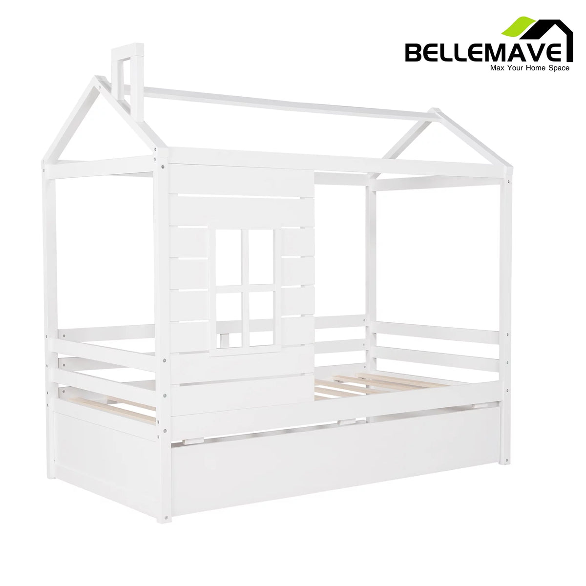 White Wood Twin Size House-Shaped Platform Bed with Trundle R382426