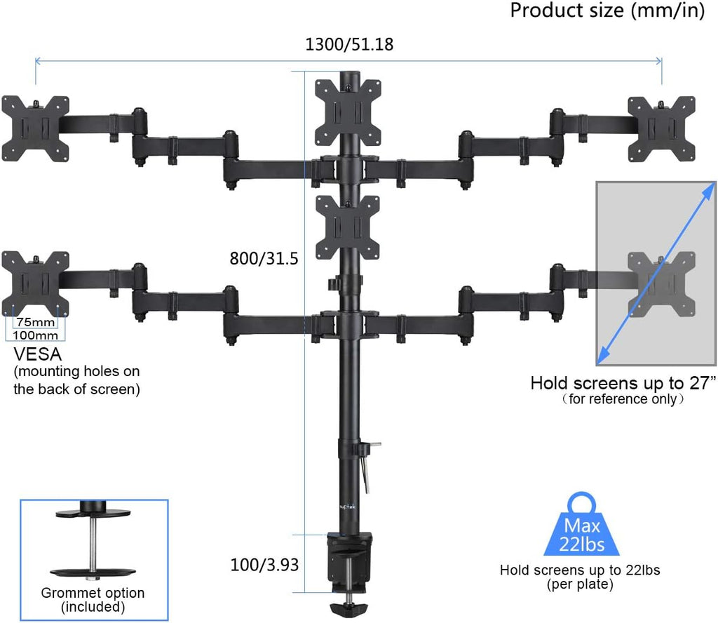 Quad LED LCD Monitor Stand up Desk Mount Extra Tall 31.5 inch Pole Heavy Duty Fully Adjustable Stand for 4 Screens up to 27 inch Pack of 2 L667689