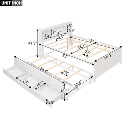 White Full Size Wood Platform Bed with Trundle and 3 Drawers N226570