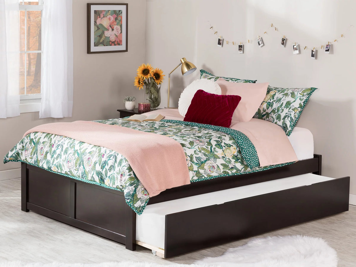Full Solid Wood Platform Bed with Footboard & Trundle in Espresso P938