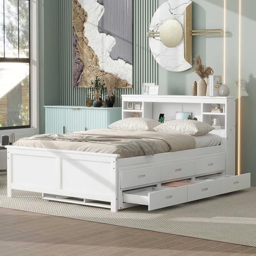 White Full Size Wood Platform Bed with Trundle and 3 Drawers N226570