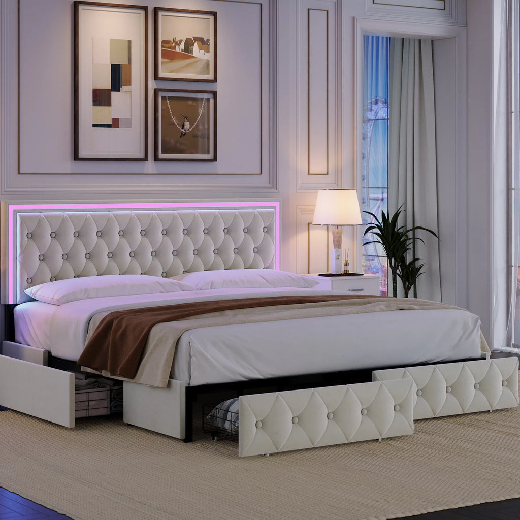 Queen LED Platform Bed Frame with 4 Storage Drawers O45326