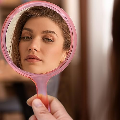 Handheld Mirror with Handle, Double Sided Magnifying 1X 2X, Acrylic Rounded Shape, 1 PCS Y469075