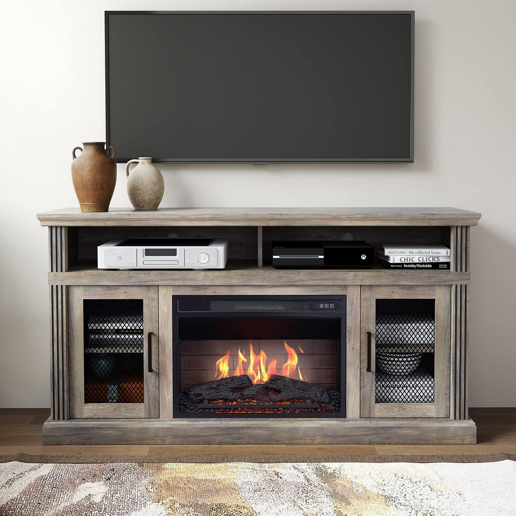 3D Fireplace TV Stand with 6 Storage Shelves & Barn Door V54324